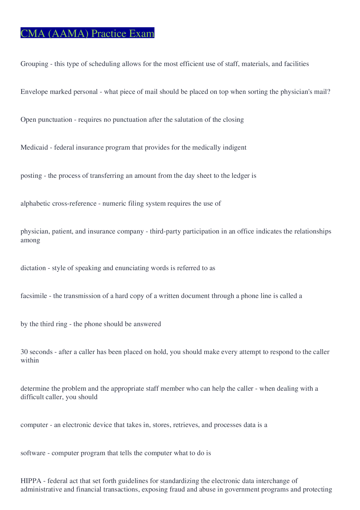 Preview image for CMA (AAMA) Practice Exam Questions And Answers 2022/2023